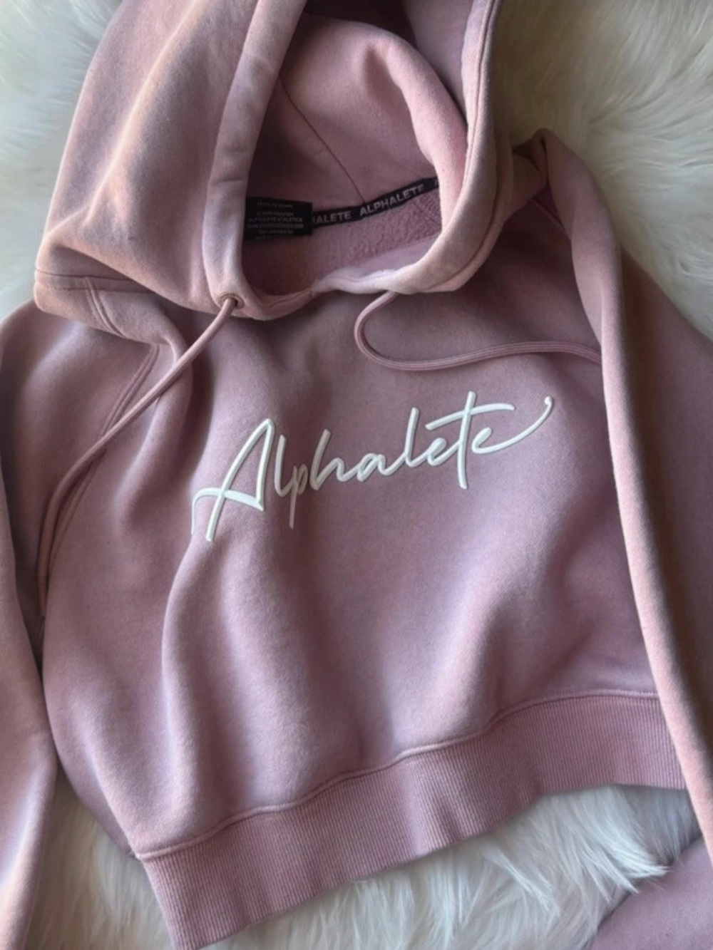 Alphalete Dusty Pink Cropped Hoodie with White Script Logo